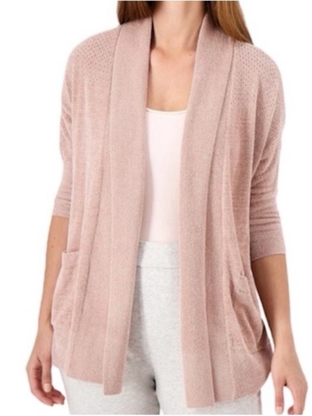 Barefoot Dreams Women’s CozyChic Ultra Lite Pointelle Cardigan in Pink Clay, S/M